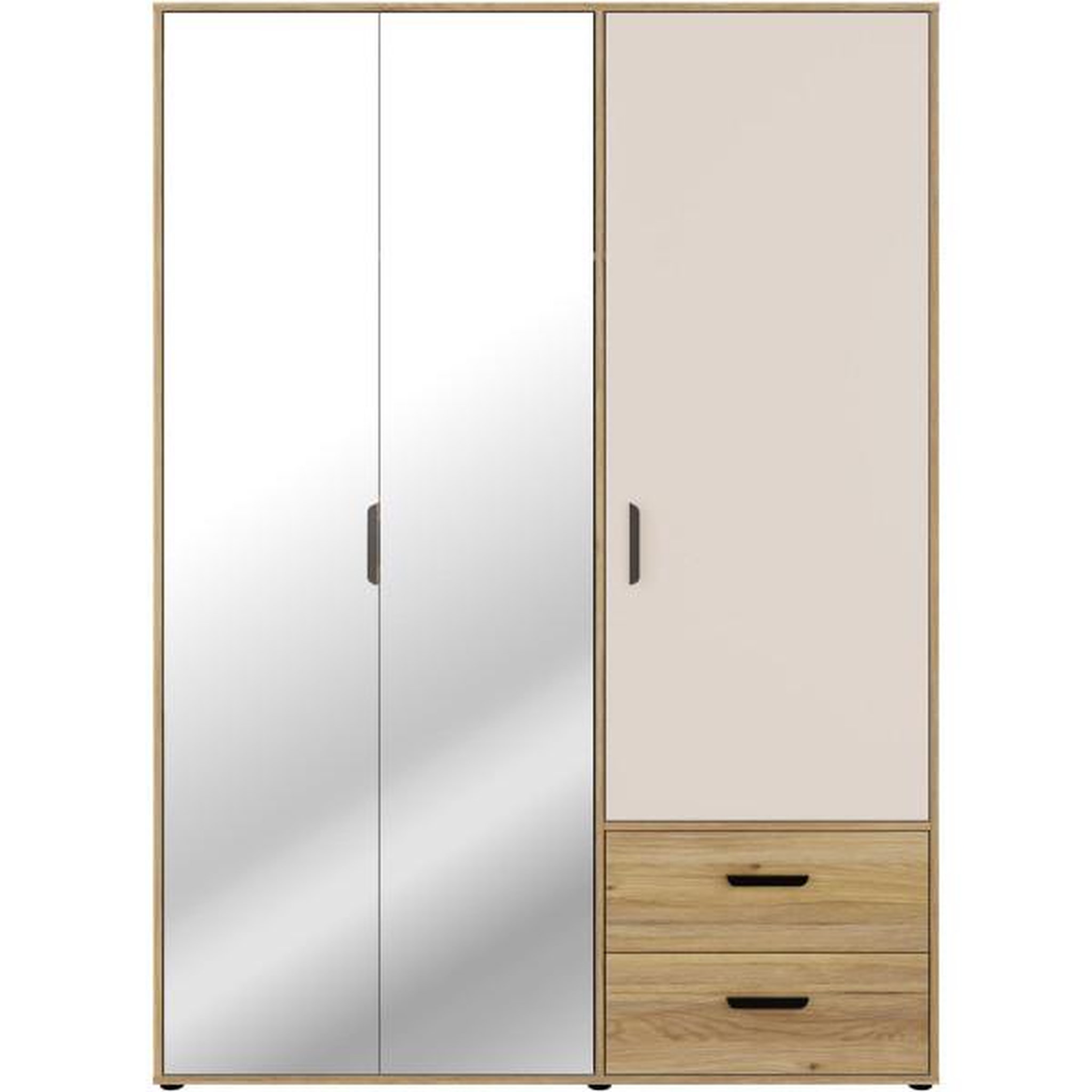 Voir la diapositive 2 : MARKET24 Armoire de chambre - MOKKARO - Décor Chene et sable - 3 portes battantes - 2 tiroirs - 2 miroirs - L144,4 x P52,7 x H200cm