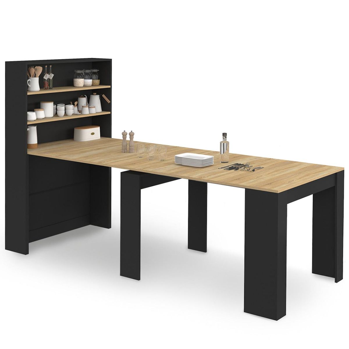 ID MARKET Table buffet haut extensible ORLANDO 8 personnes bois et noir 235 cm