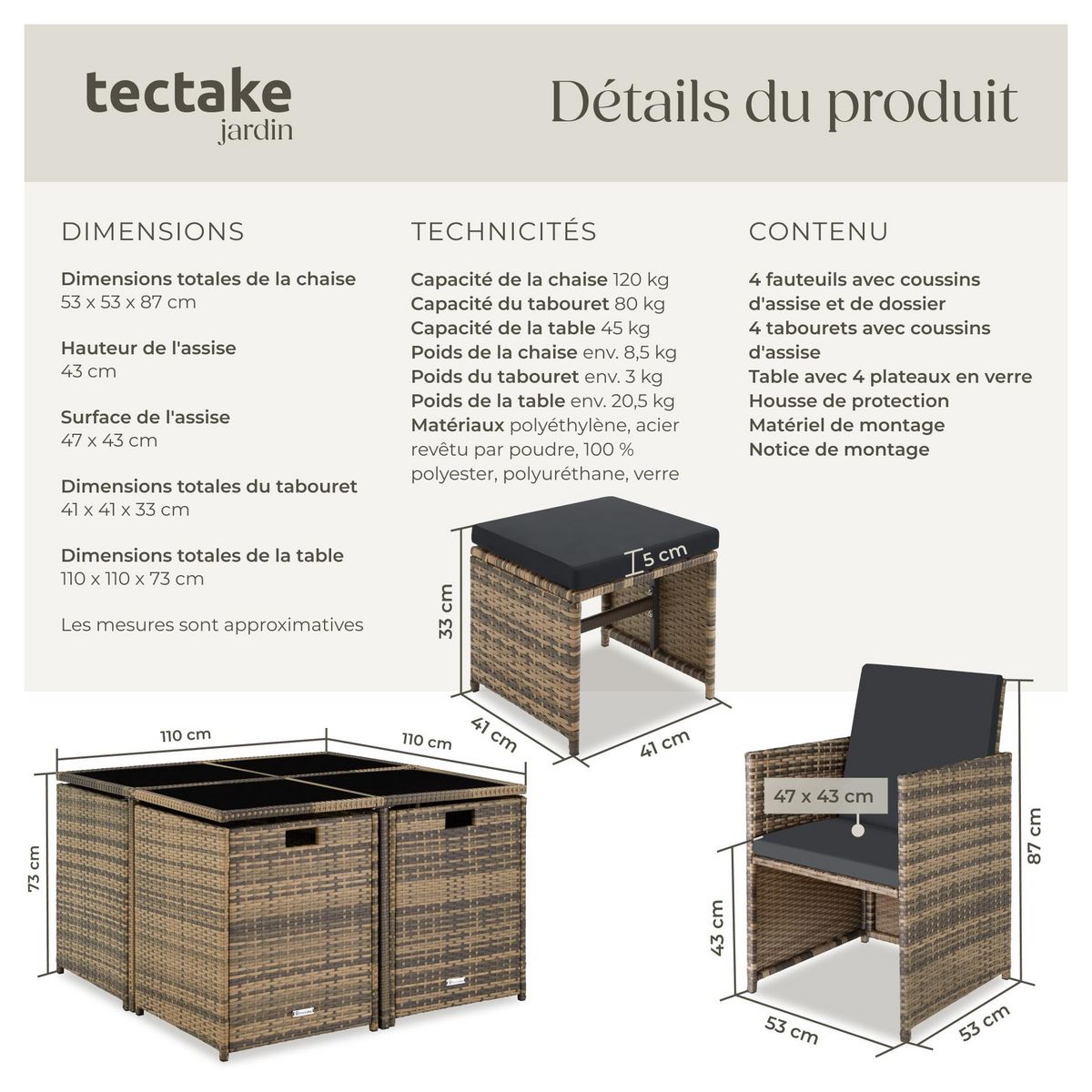 tectake Salon de jardin pour 4 à 8 personnes marron naturel