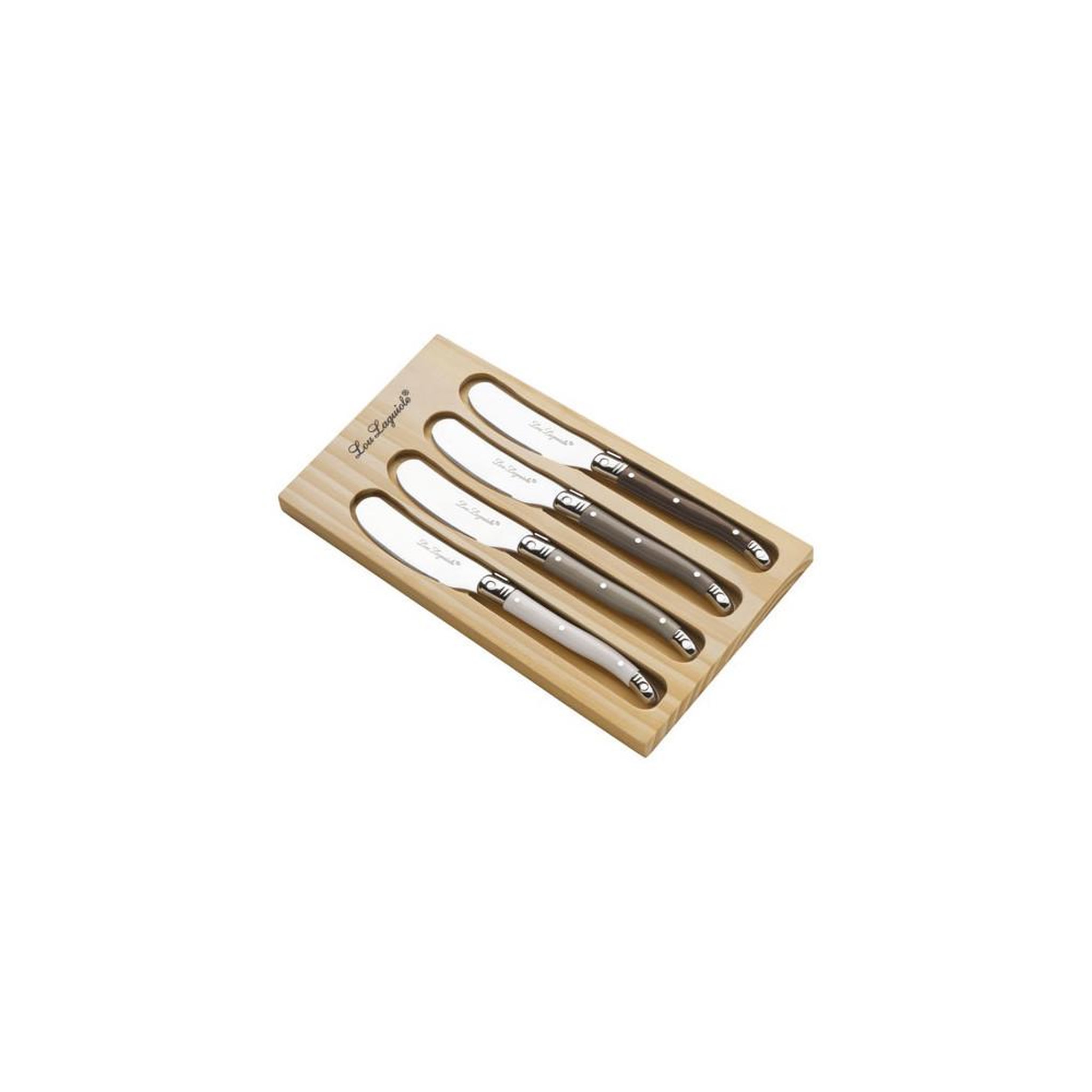 Voir la diapositive 2 : LOU LAGUIOLE Lou laguiole tradition – coffret de 4 couteaux à tartiner 16 cm, lames microdentées et manches colorés