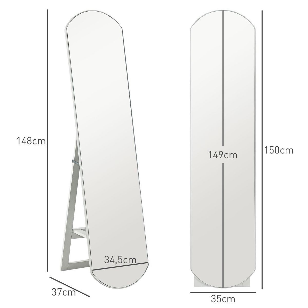 HOMCOM Miroir sur pied ou mural 150 cm avec étagère de rangement, grand miroir arqué pour chambre, entrée ou couloir, blanc