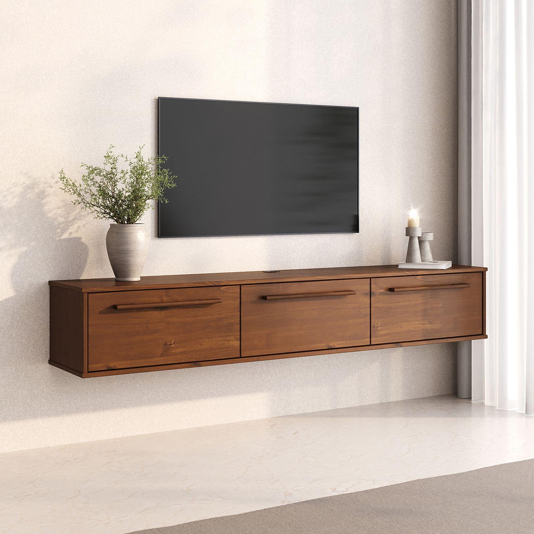 Voir la diapositive 3 : IDIMEX Meuble tv suspendu tecca l 180 cm 3 portes en bois massif