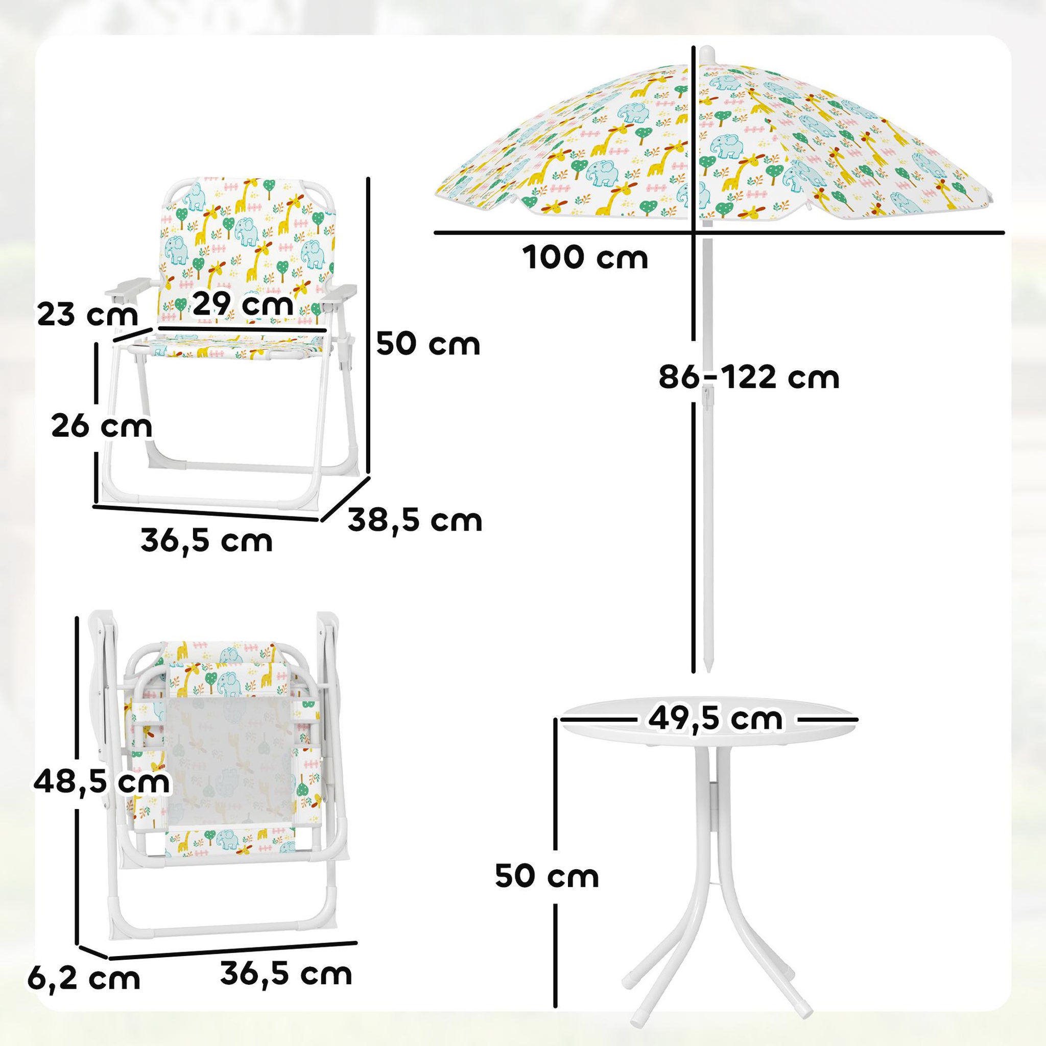 Voir la diapositive 3 : OUTSUNNY Ensemble salon de jardin enfant pliable 2 places 4 pièces motif vie de la savane blanc
