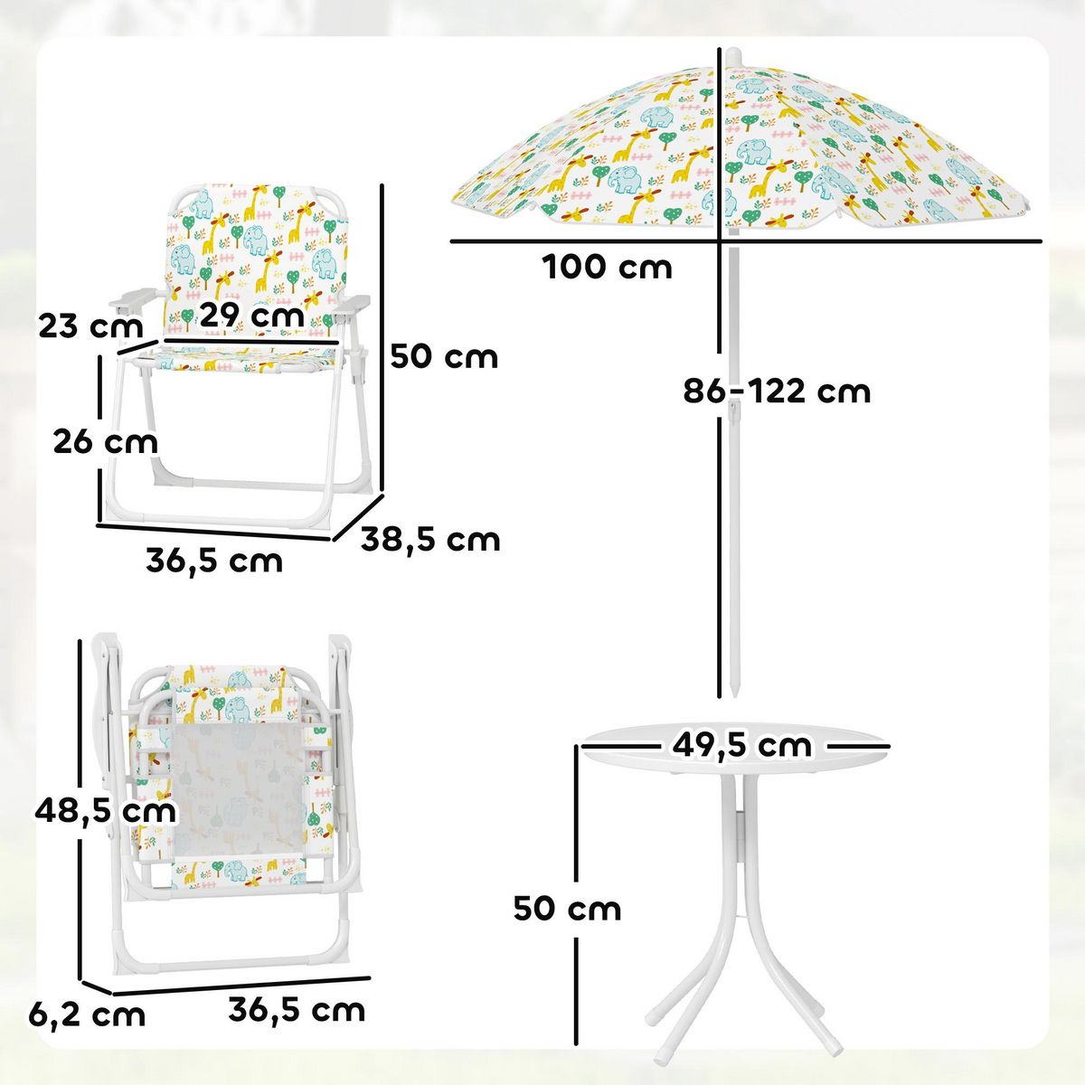 OUTSUNNY Ensemble salon de jardin enfant pliable 2 places 4 pièces motif vie de la savane blanc