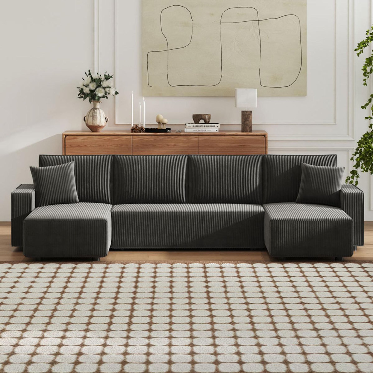 CONCEPT USINE Canapé convertible 6 places avec coffre en velours côtelé anthracite SALISBURY