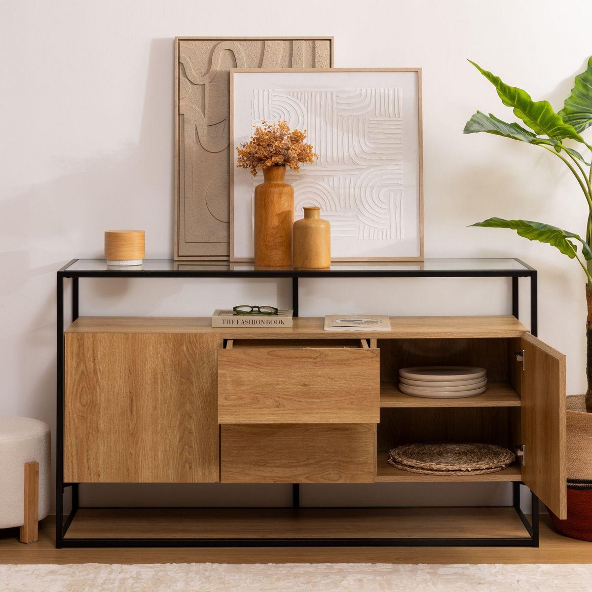 ATMOSPHERA Buffet 2 portes et 2 tiroirs effet bois et verre ALDEA - Beige