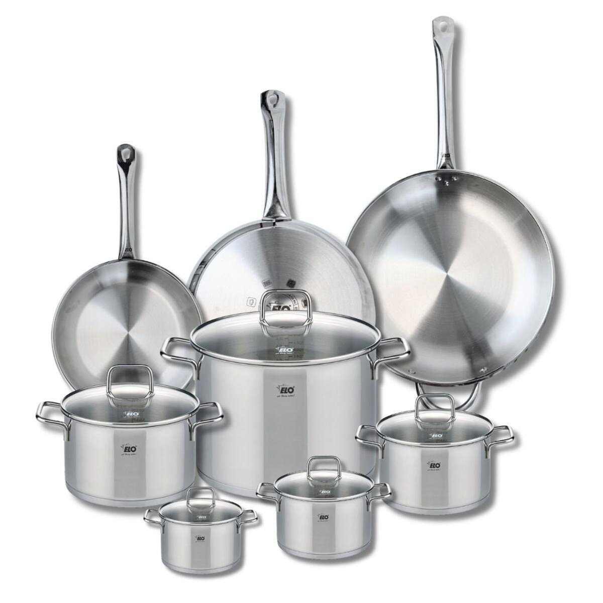 ELO Ensemble de 3 Poêles de cuisson 24, 28 et 32 cm et 5 faitouts 12, 14, 16, 20 et 26 cm Elo Profi Citrin