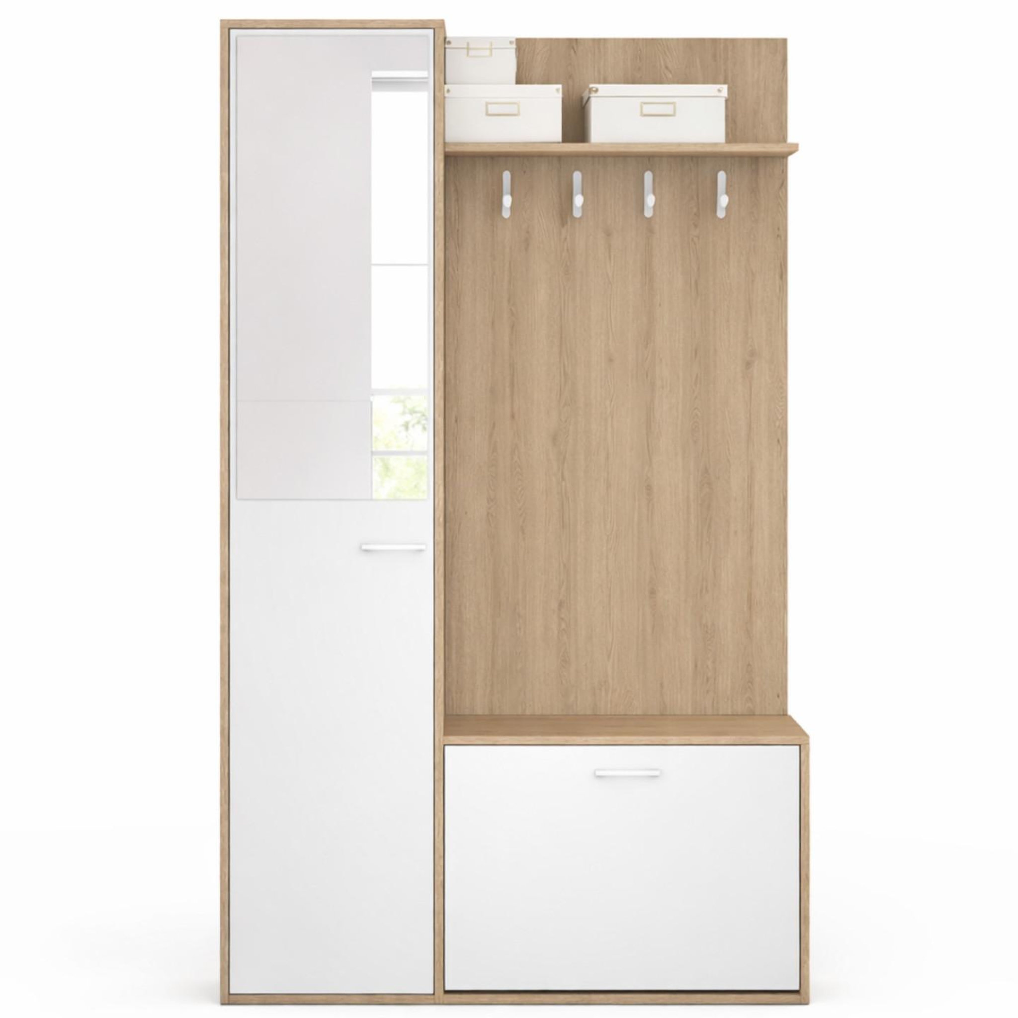 Voir la diapositive 3 : ID MARKET Vestiaire d'entrée rangement chaussures avec miroir et étagères mahaut 1 porte effet bois et blanc