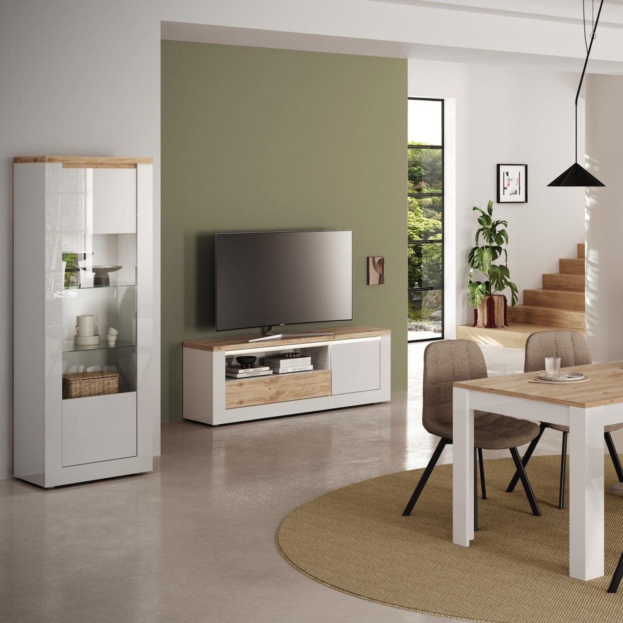 Voir la diapositive 5 : JLC KREATION Vitrine moderne 1 porte laqué blanc et bois + led ARIA