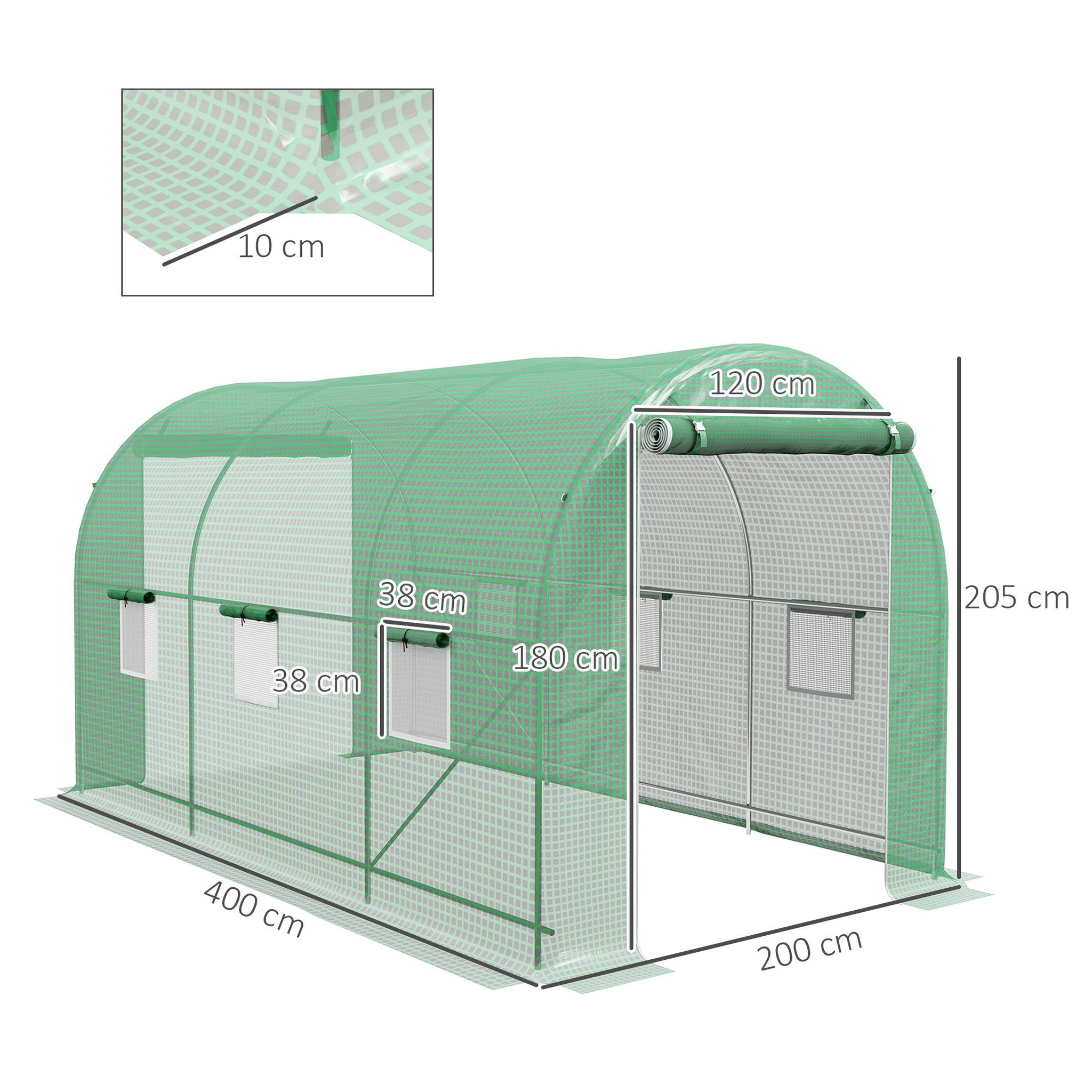 Voir la diapositive 3 : OUTSUNNY Serre de jardin tunnel surface sol 8 m² 4l x 2l x 2,05h m châssis tubulaire renforcé porte zippée 6 fenêtres enroulables vert