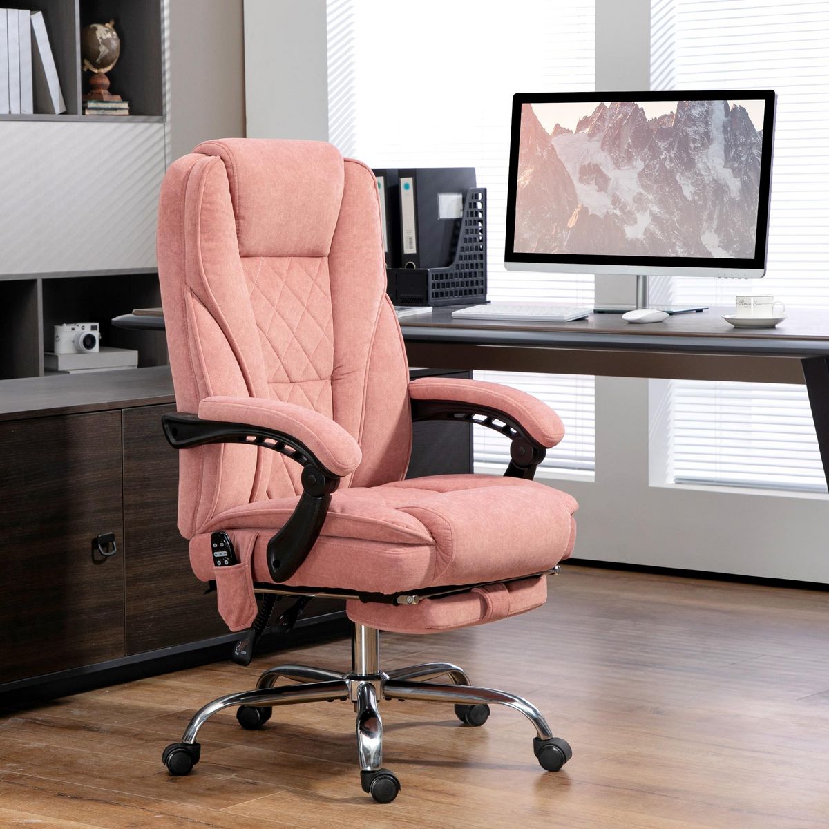 VINSETTO Fauteuil de bureau manager massant chauffant inclinable réglable télécommande repose-pieds rétractable velours rose poudré