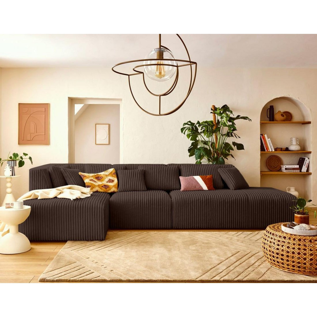 LISA DESIGN Victoire - canapé modulable d'angle gauche 5 places en velours côtelé grosses côtes