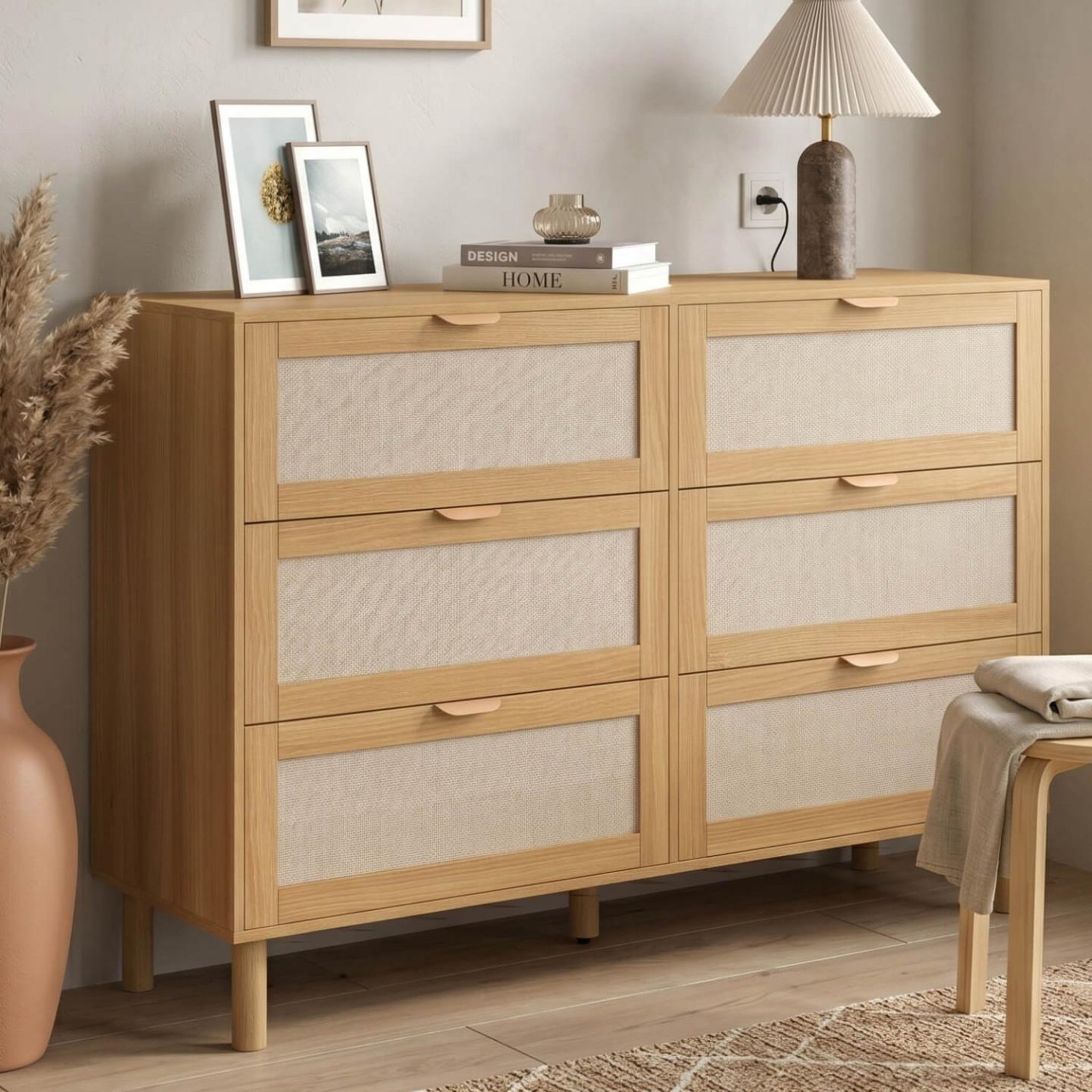 Voir la diapositive 2 : ID MARKET Commode 6 tiroirs robin 115 cm meuble de rangement bois et tissu effet lin