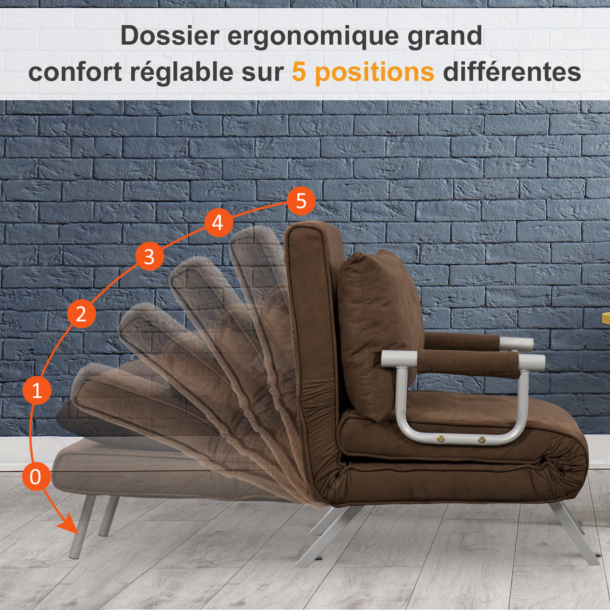 Voir la diapositive 4 : HOMCOM Fauteuil chauffeuse canapé-lit convertible 1 place déhoussable grand confort coussin pieds accoudoirs métal suède marron