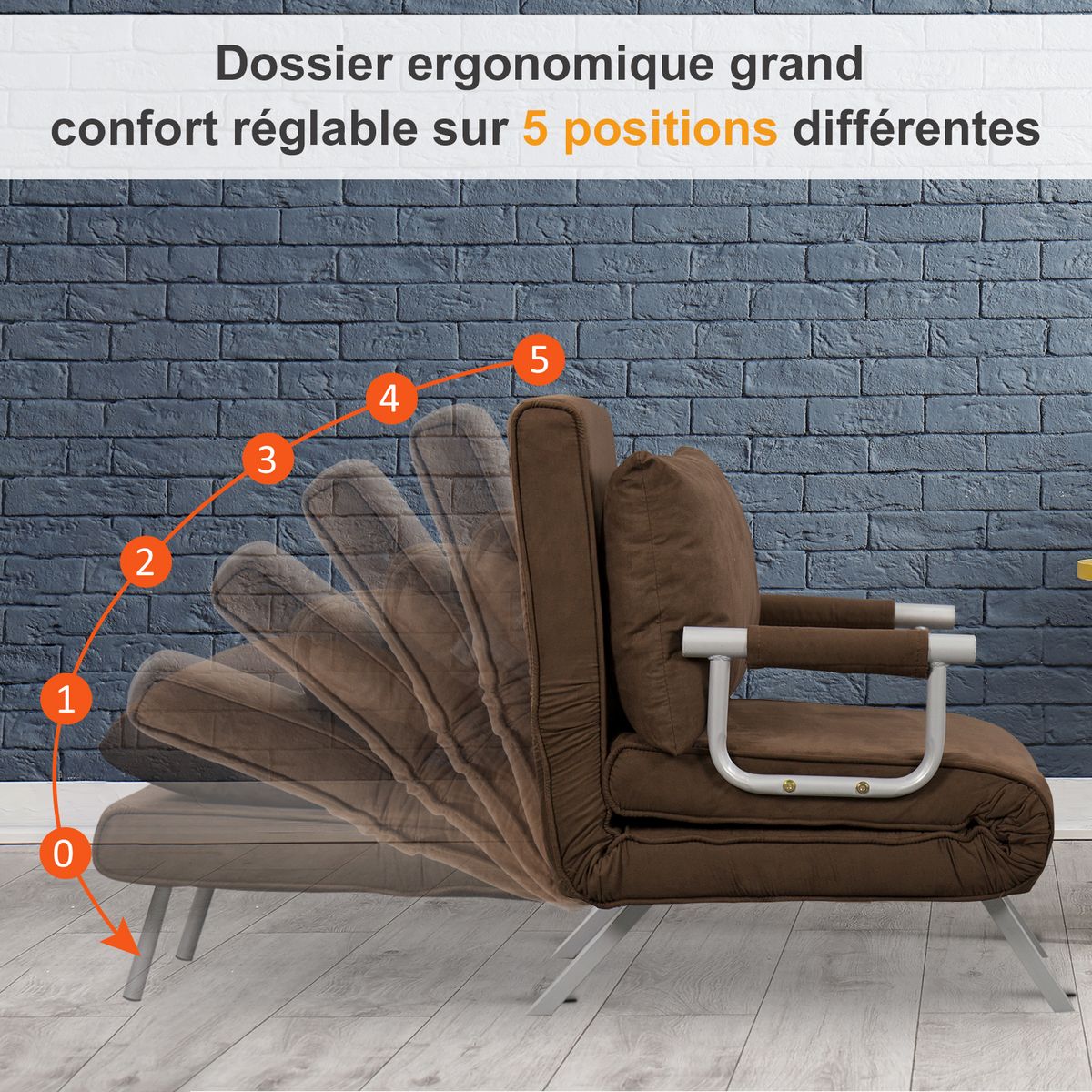 HOMCOM Fauteuil chauffeuse canapé-lit convertible 1 place déhoussable grand confort coussin pieds accoudoirs métal suède marron