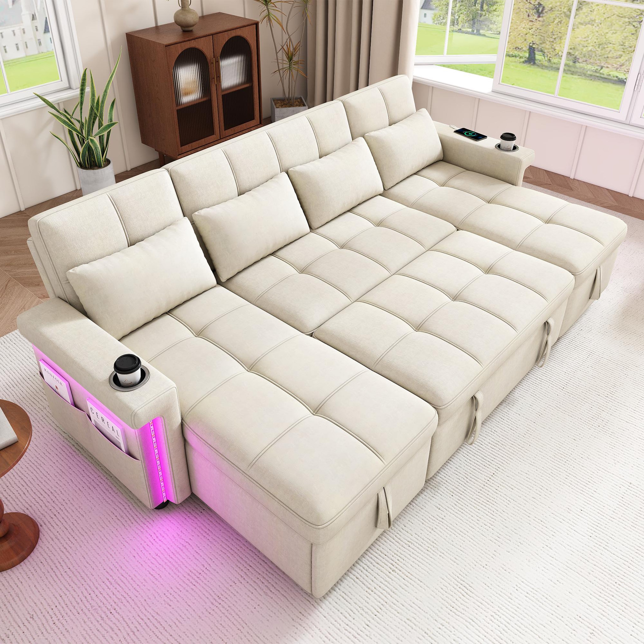 Voir la diapositive 2 : MERAX Canapé d'angle u convertible 4 places avec dossier réglable led usb type-c tissu chenille