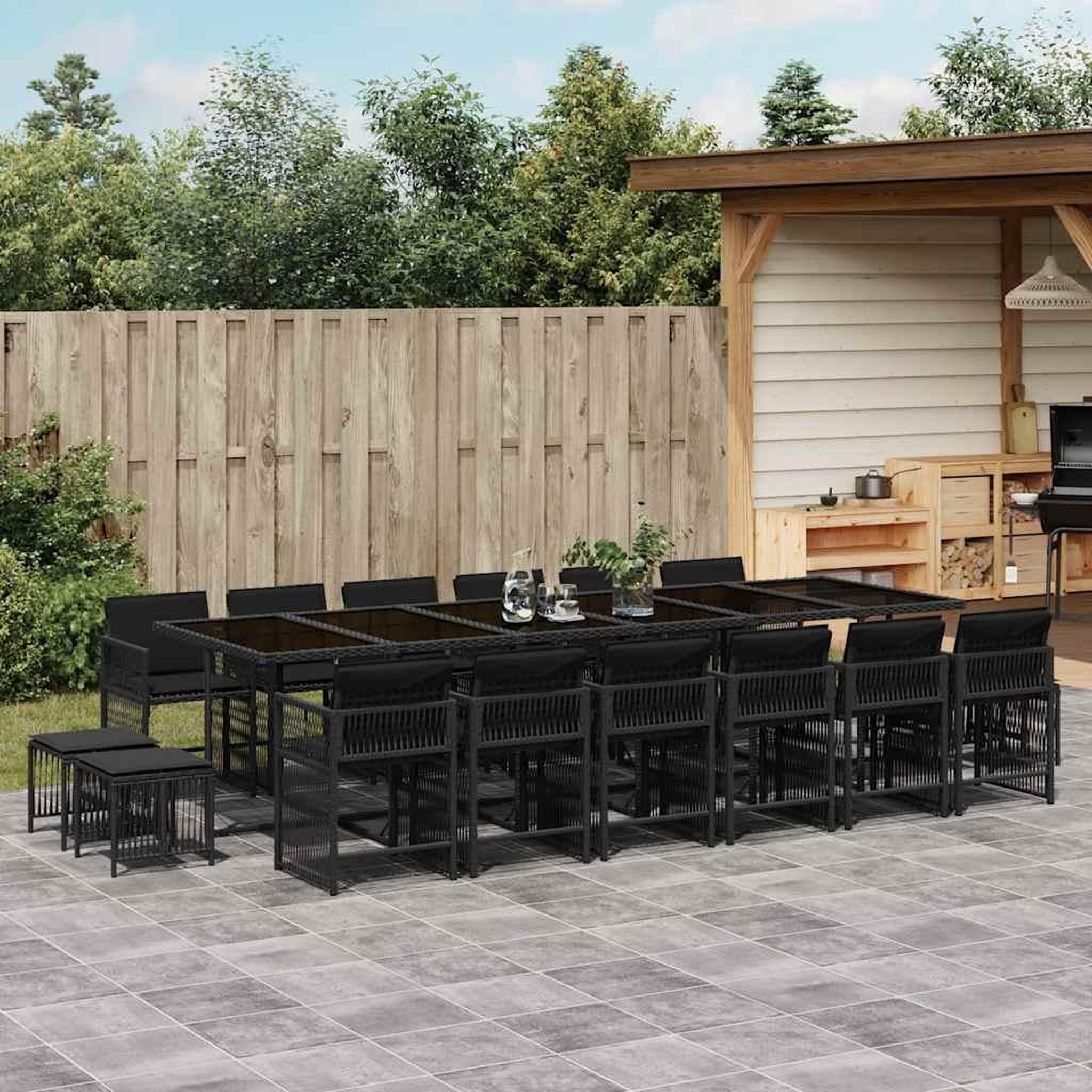 VIDAXL Ensemble a manger de jardin 17 pcs coussins noir resine tressee