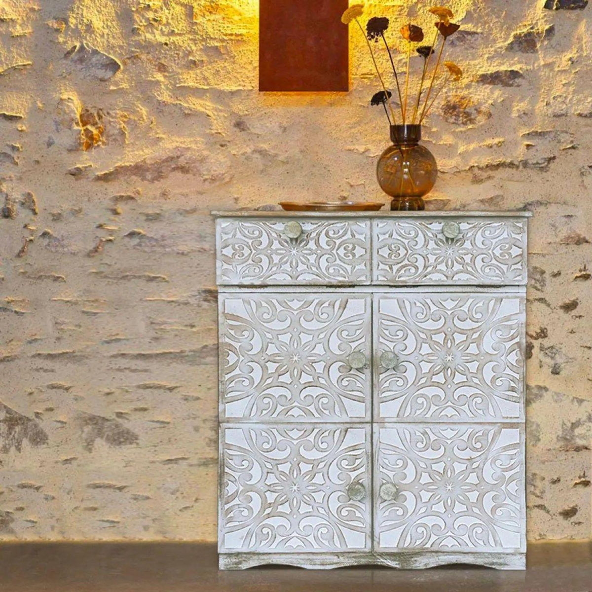 Paris Prix Buffet Design en Bois Sculpté  Ronny II  85cm Blanc