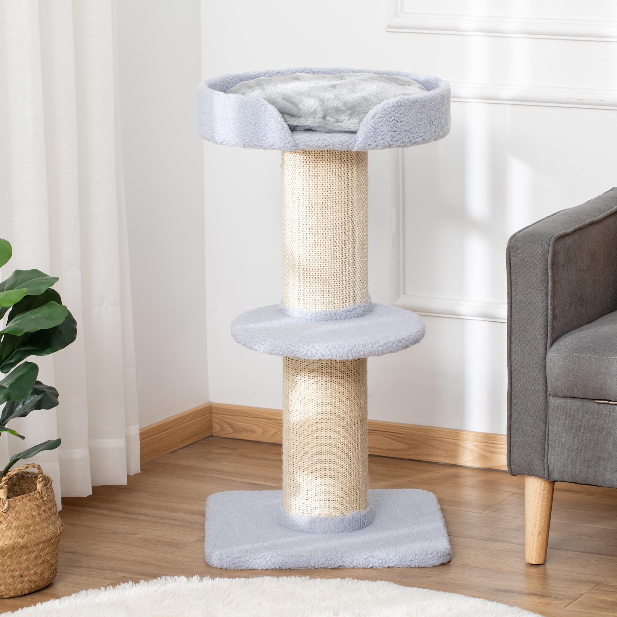 Voir la diapositive 2 : PAWHUT Arbre à chat avec griffoir centre d'activités 2 plateformes coussin bleu