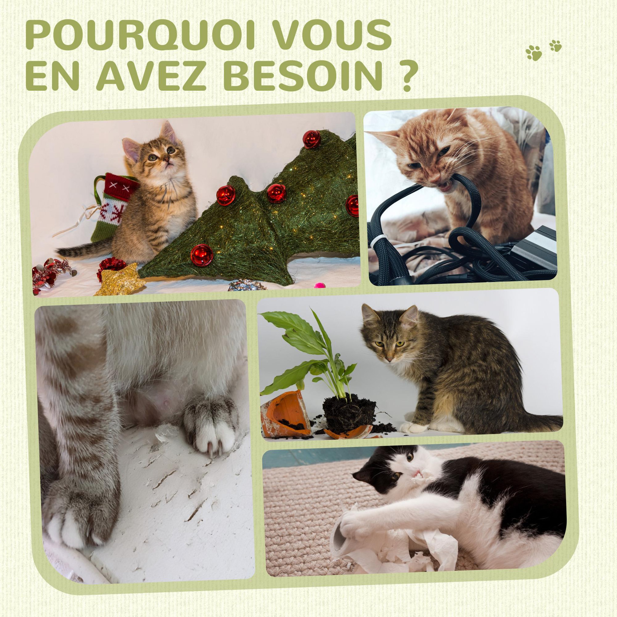 Voir la diapositive 6 : PAWHUT Griffoir chat h.79 cm - jeu boule suspendue et boule clochette, 2 bandes massantes - beige