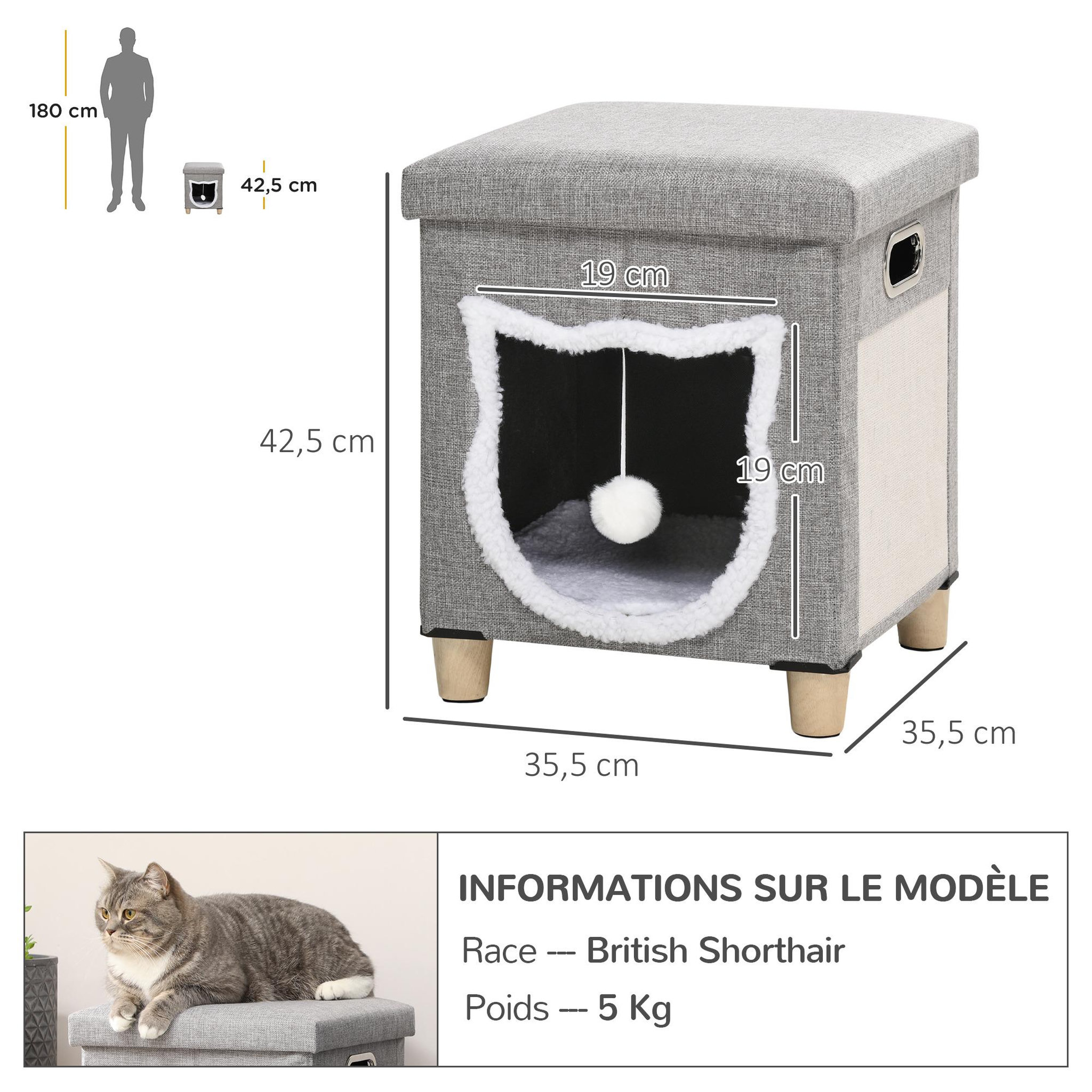 Voir la diapositive 3 : PAWHUT Niche chat grattoir pouf 3 en 1 design porte tête de chat - coussin bouclette amovible inclus - tissu gris