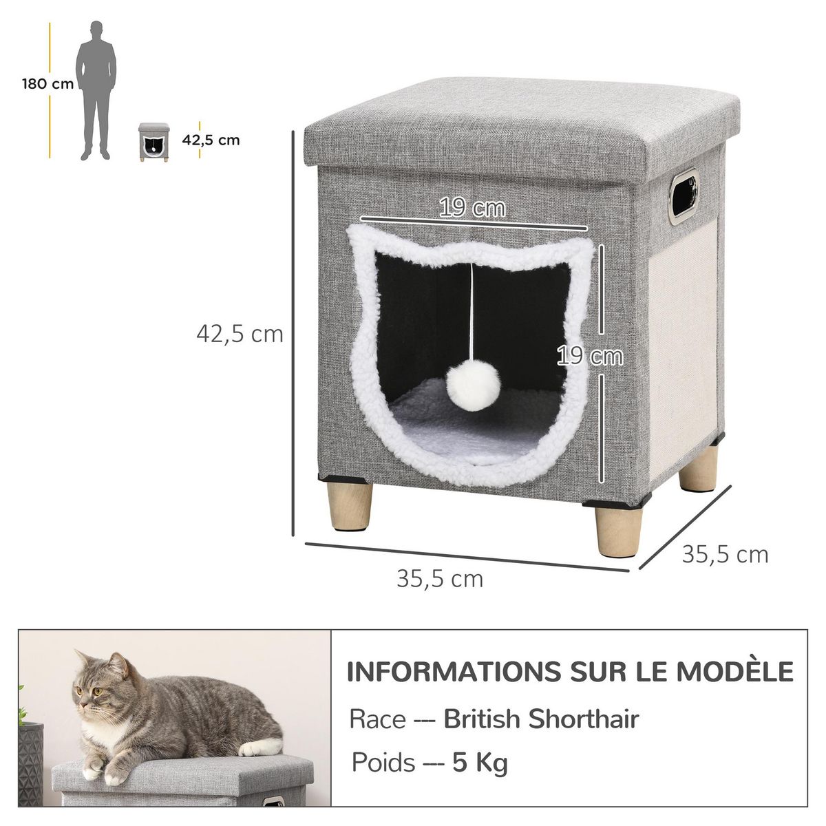 PAWHUT Niche chat grattoir pouf 3 en 1 design porte tête de chat - coussin bouclette amovible inclus - tissu gris