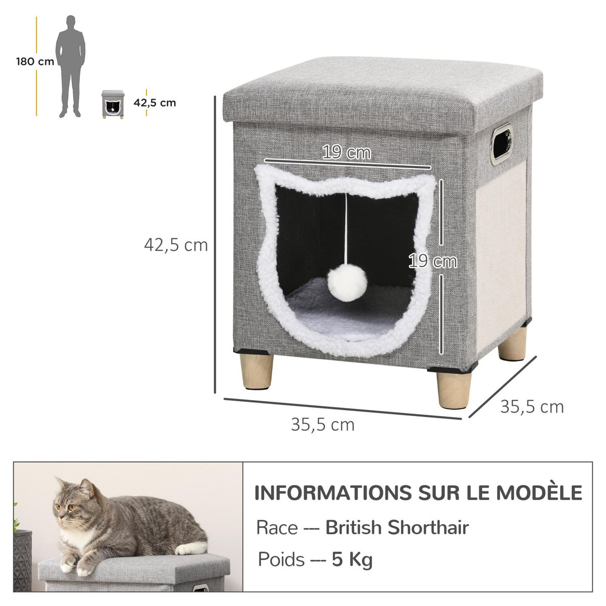 PAWHUT Niche chat grattoir pouf 3 en 1 design porte tête de chat - coussin bouclette amovible inclus - tissu gris
