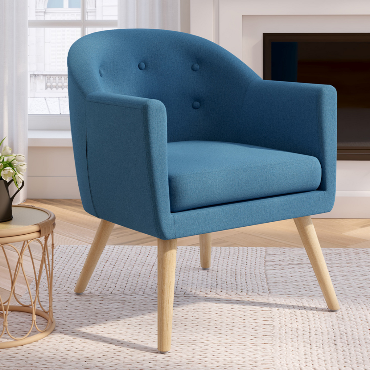 ID MARKET Fauteuil scandinave OLAN cabriolet en tissu bleu