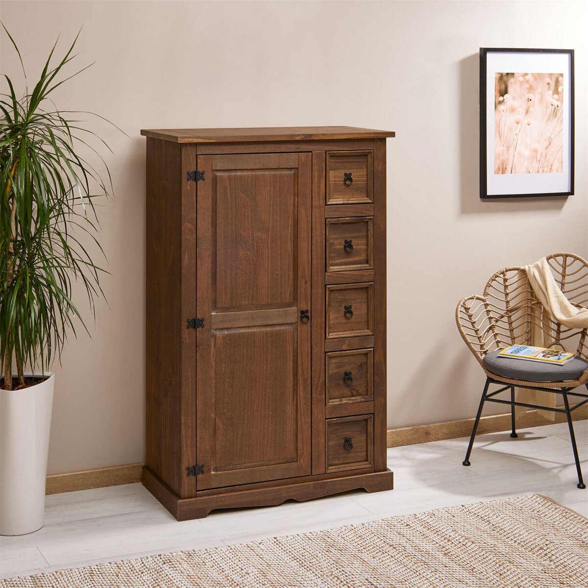 IDIMEX Buffet apothicaire en pin TEQUILA style mexicain, 1 portes et 5 tiroirs