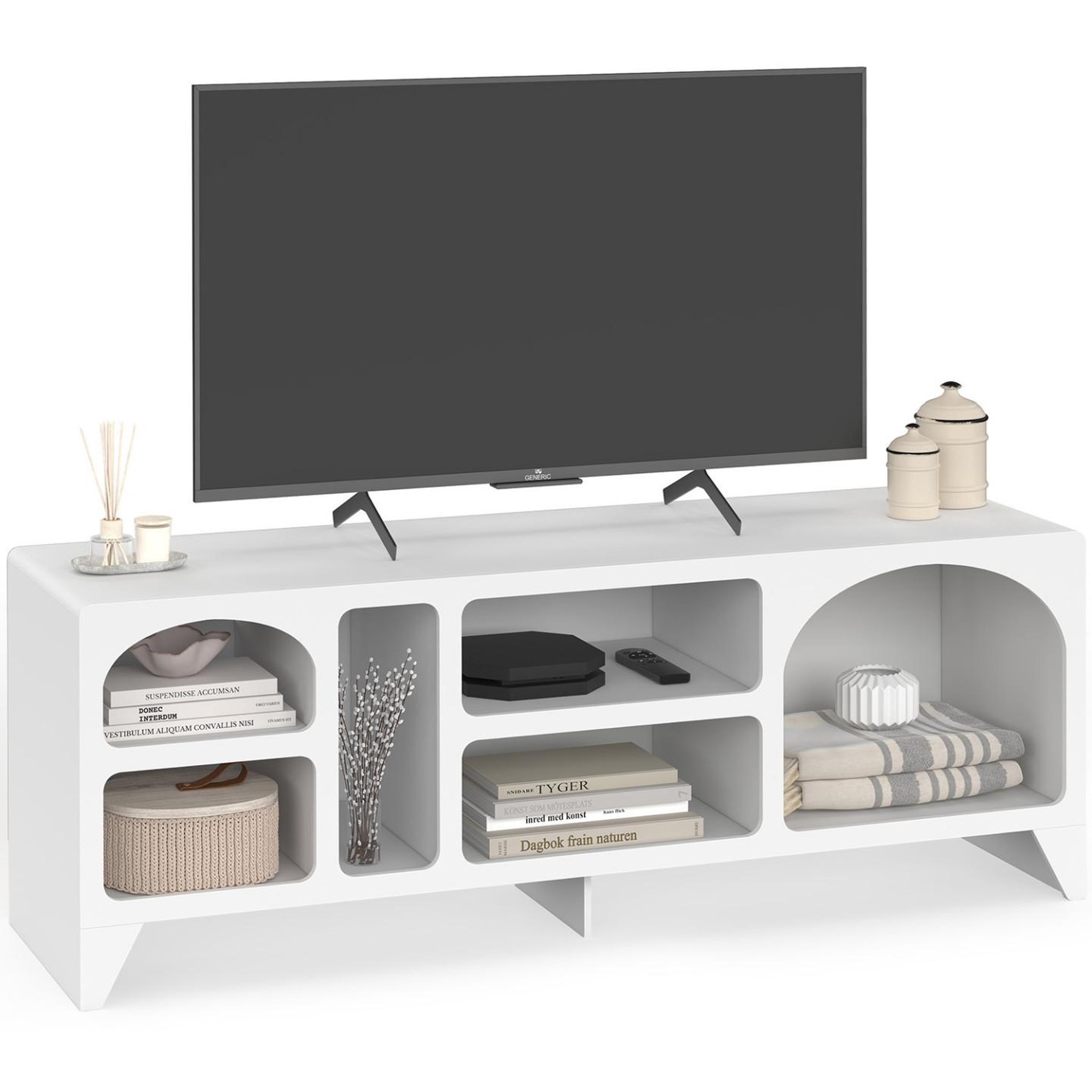 ID MARKET Meuble tv 140 cm organique alesia 6 niches bois blanc