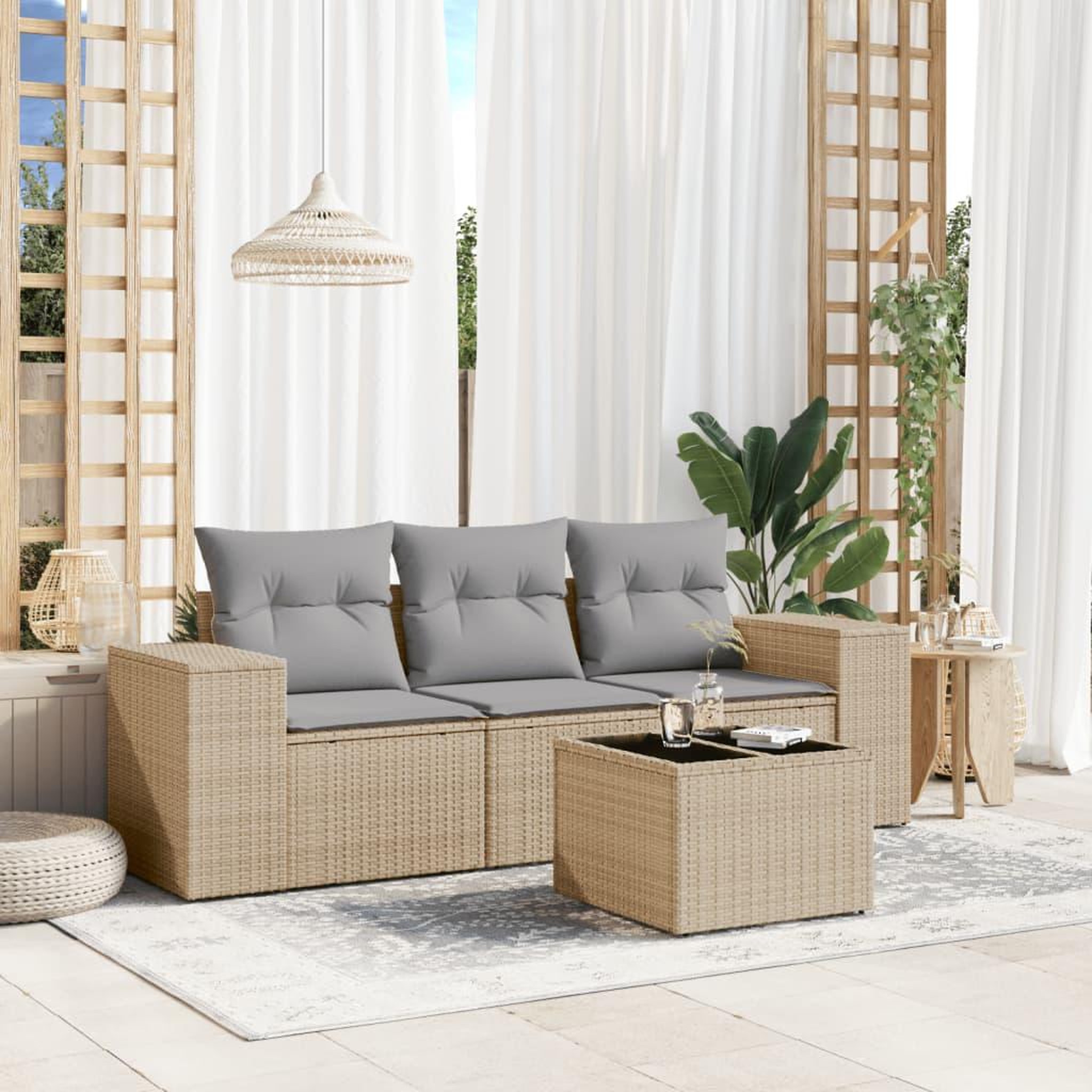 VIDAXL Salon de jardin avec coussins 4 pcs beige resine tressee
