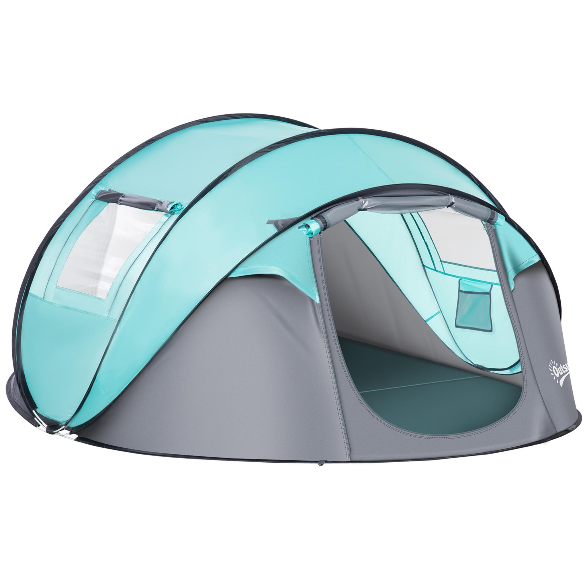 Voir la diapositive 1 : OUTSUNNY Tente pop up montage instantané - tente de camping 3-4 pers.  - 2 portes, 2 fenêtres moustiquaires - dim. 2,86L x 2,09l x 1,22H m - fibre verre polyester bleu gris