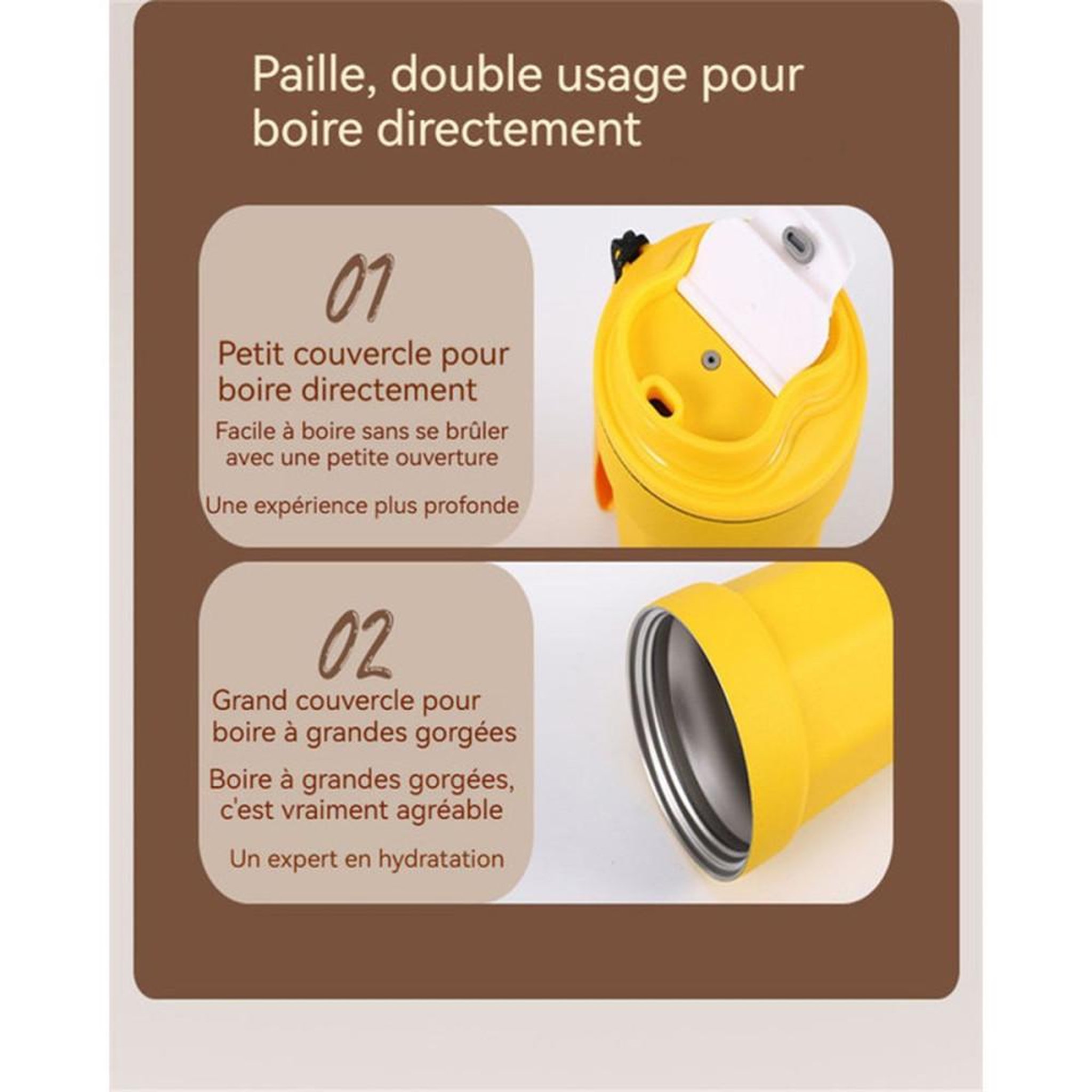 Voir la diapositive 3 : Mug isotherme thermos portable 450 ml inox double vide et couvercle étanche à deux positions, anses amovible, base antidérapante