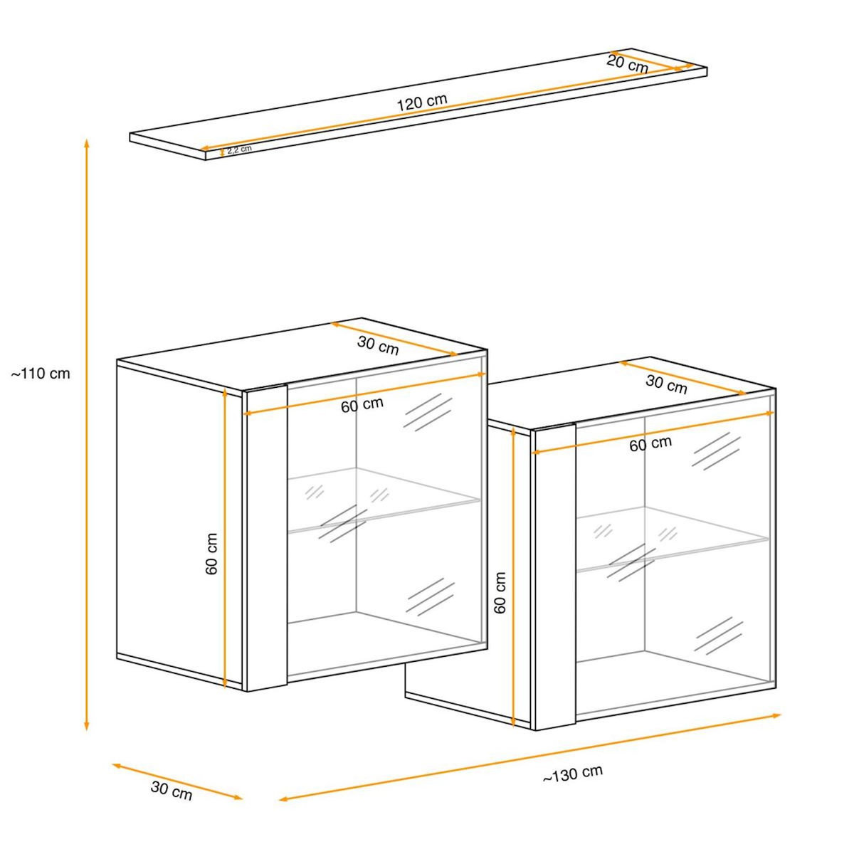 Paris Prix Lot de 2 Vitrines Murales & Étagère  Switch SBIII  130cm Naturel & Gris