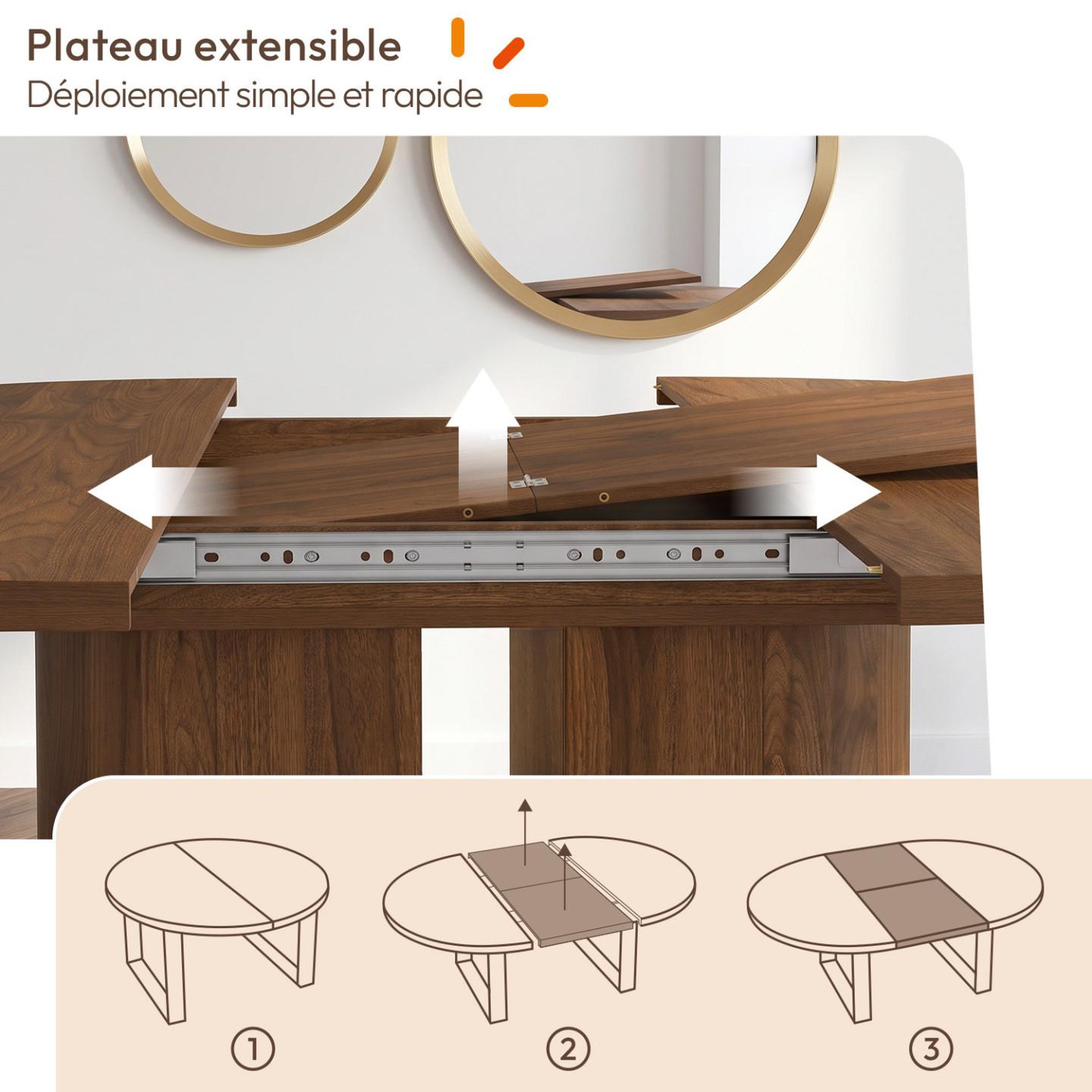 Voir la diapositive 3 : ID MARKET Table à manger extensible ronde michelle 4-8 personnes 2 pieds réversibles noyer 110-150 cm