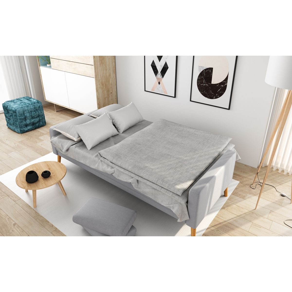 Canapé 3 places scandinave convertible NOVA, assise tissu pieds en bois