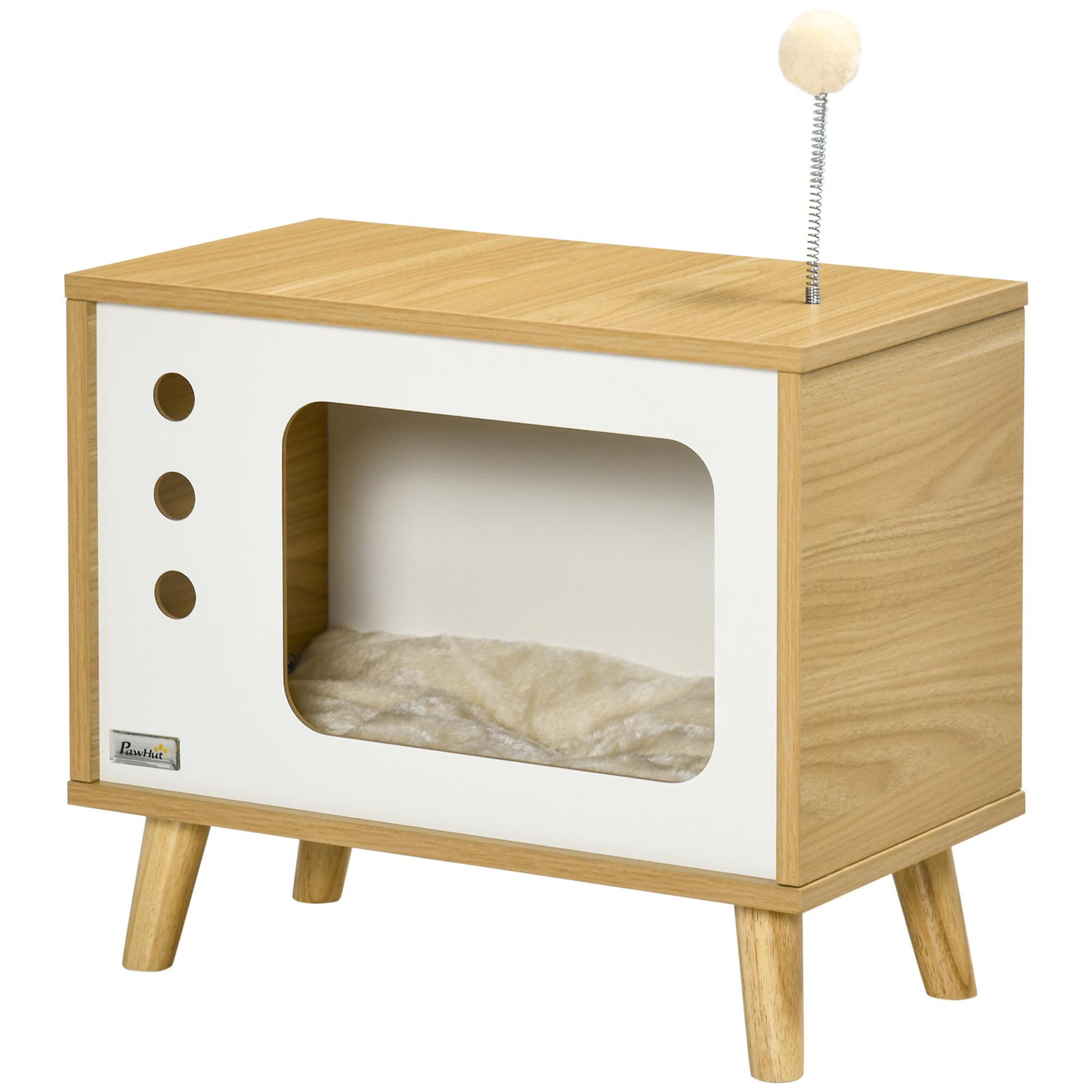 PAWHUT Maison pour chat design poste de télévision - niche chat panier chat - 2 coussins amovibles, boule à ressort - panneaux aspect bois clair blanc