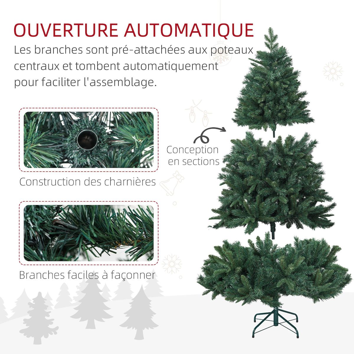 HOMCOM Sapin de Noël artificiel H.180 cm 1061 branches épines grand réalisme métal PVC PE vert
