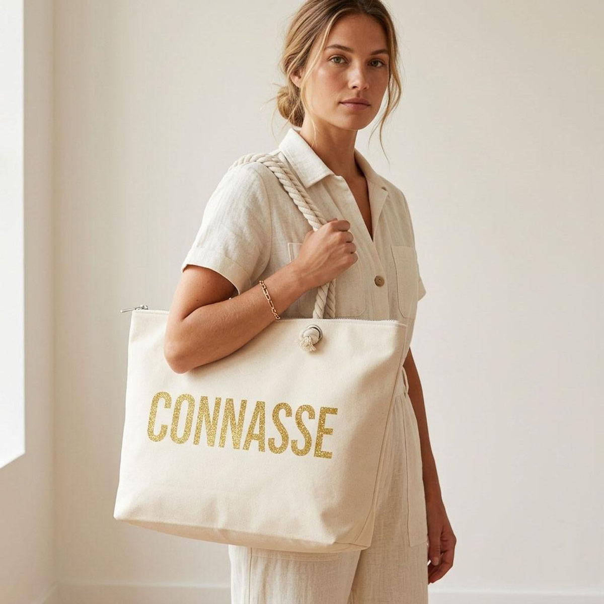 OZABI OZABI Sac de Plage Femme Jute Synthétique – Message Pailleté – Cordage