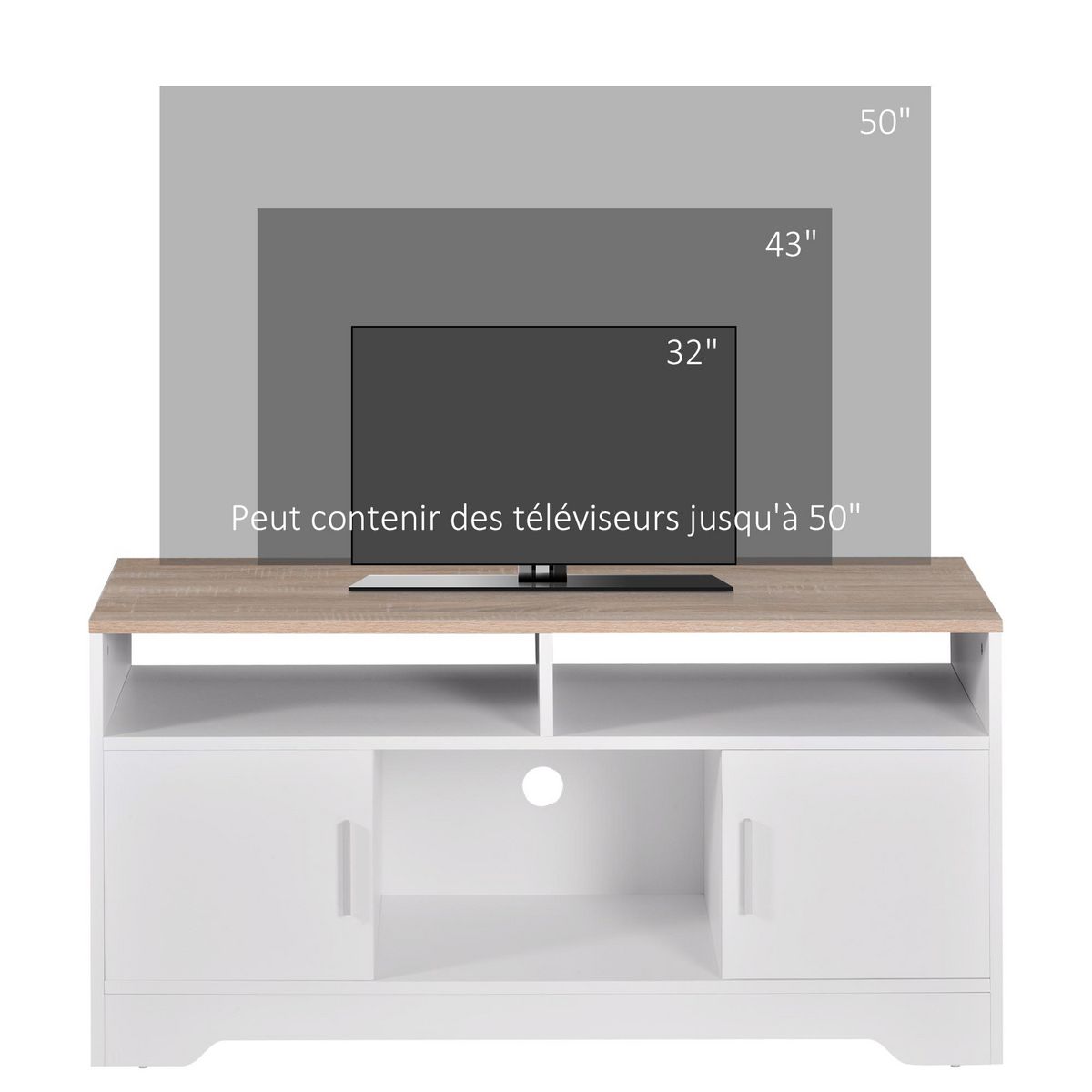 HOMCOM Meuble TV Banc TV en Bois Grand Espace de Rangement avec 2 Compartiments Ouverts 2 Armoires à Porte Une Armoire Ouverte 105 x 40 x 52 cm Blanc