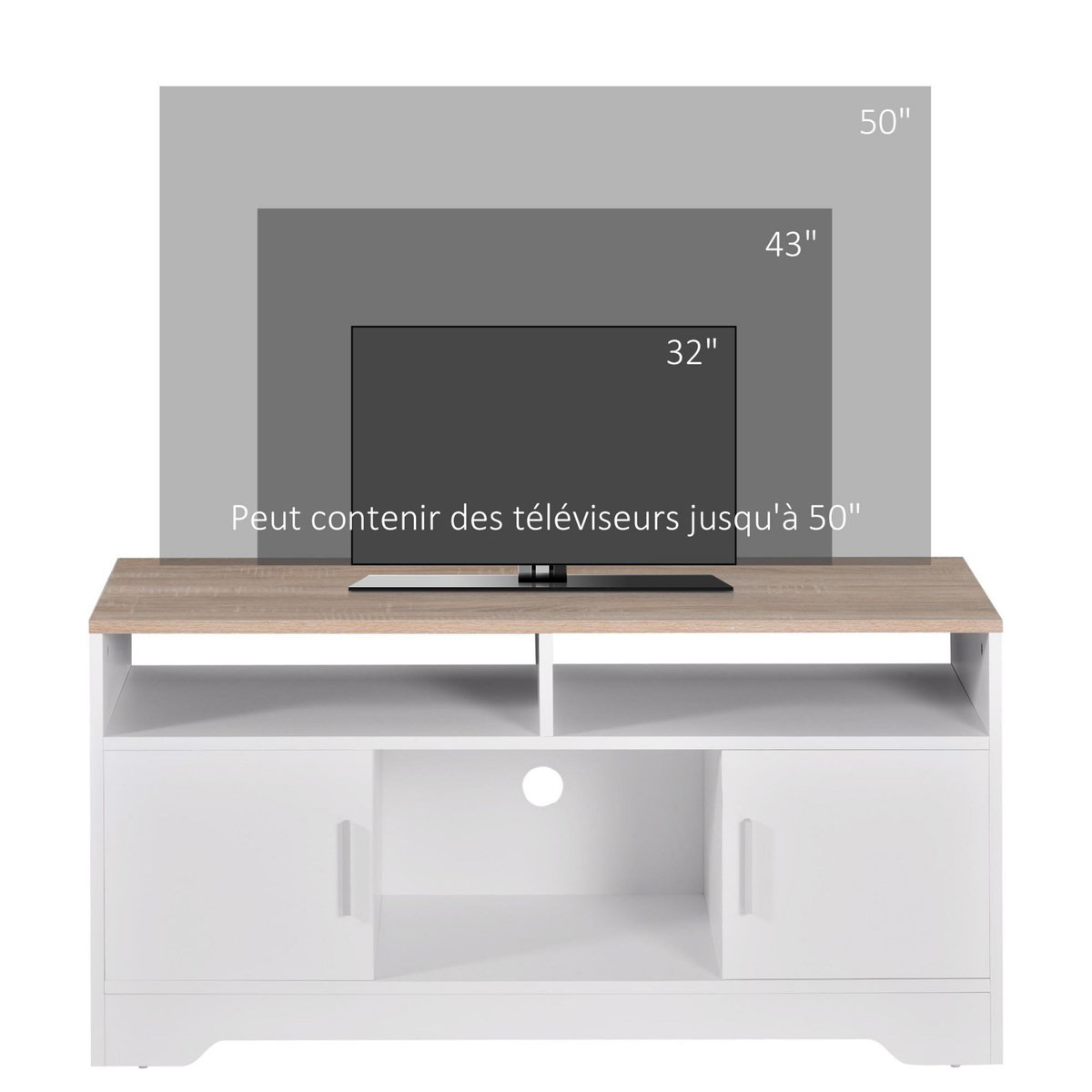 HOMCOM Meuble TV Banc TV en Bois Grand Espace de Rangement avec 2 Compartiments Ouverts 2 Armoires à Porte Une Armoire Ouverte 105 x 40 x 52 cm Blanc