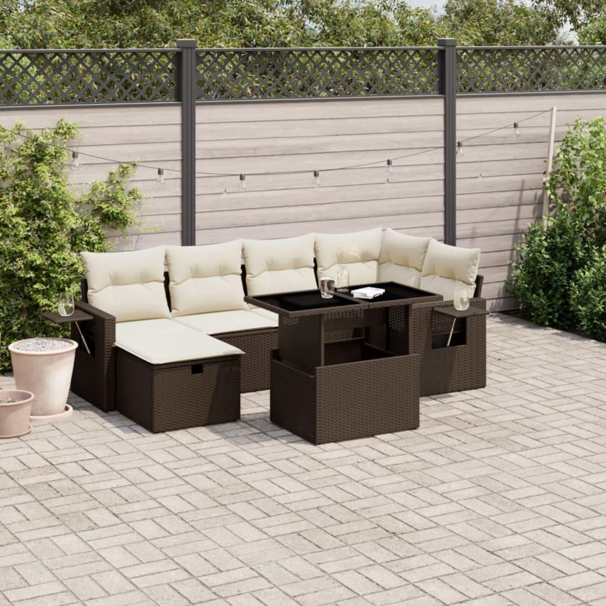 VIDAXL Salon de jardin avec coussins 7 pcs marron resine tressee