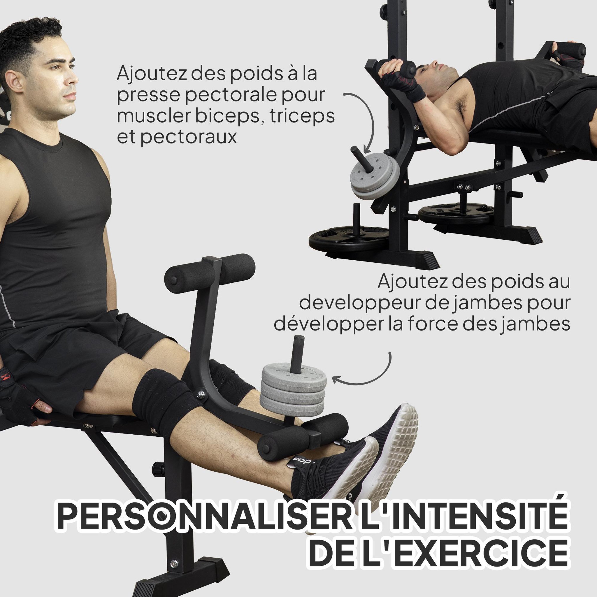 Voir la diapositive 6 : HOMCOM Banc de musculation complet multifonction réglable - poulie, support haltères, écarté pectoraux, banc - noir