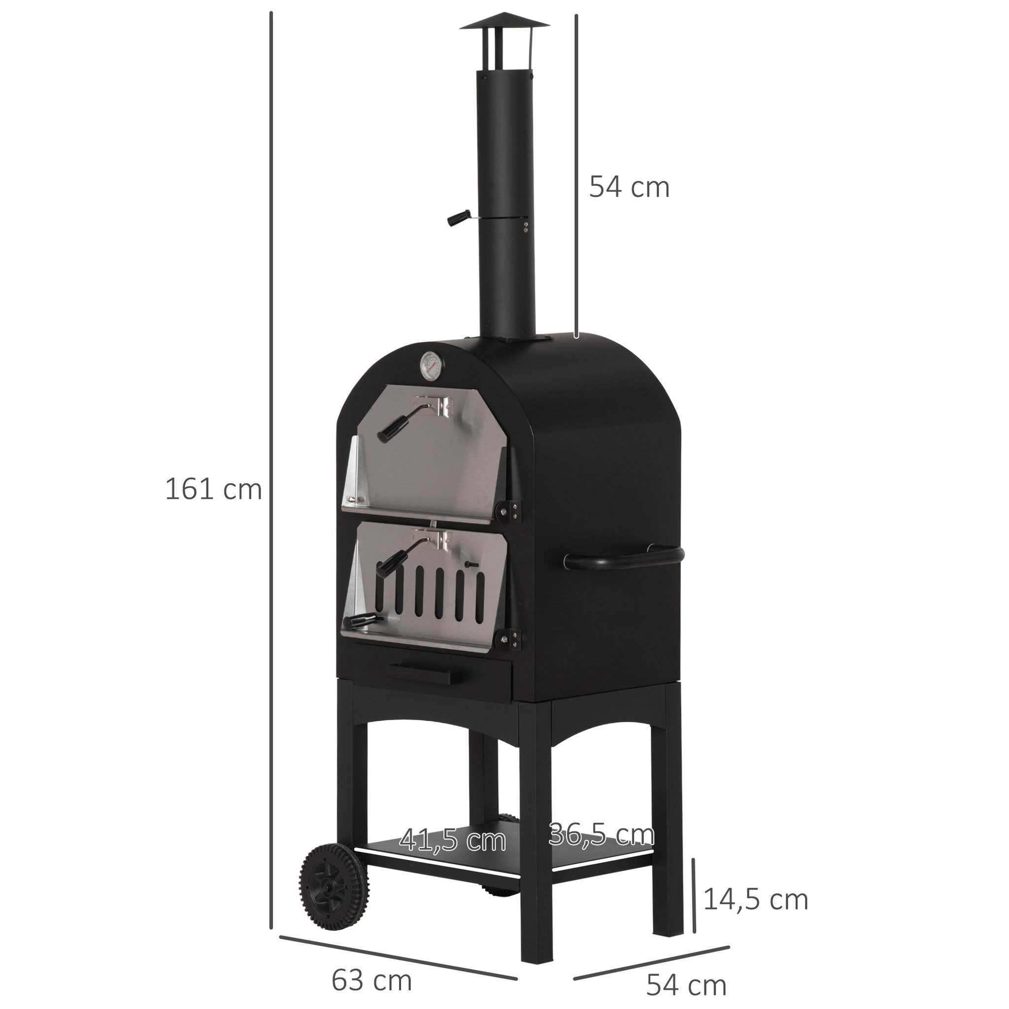 Voir la diapositive 3 : OUTSUNNY Four à pizza extérieur au charbon de bois - barbecue sur roulettes - four à bois - pierre réfractaire - cheminée, jauge température - acier au carbone noir gris