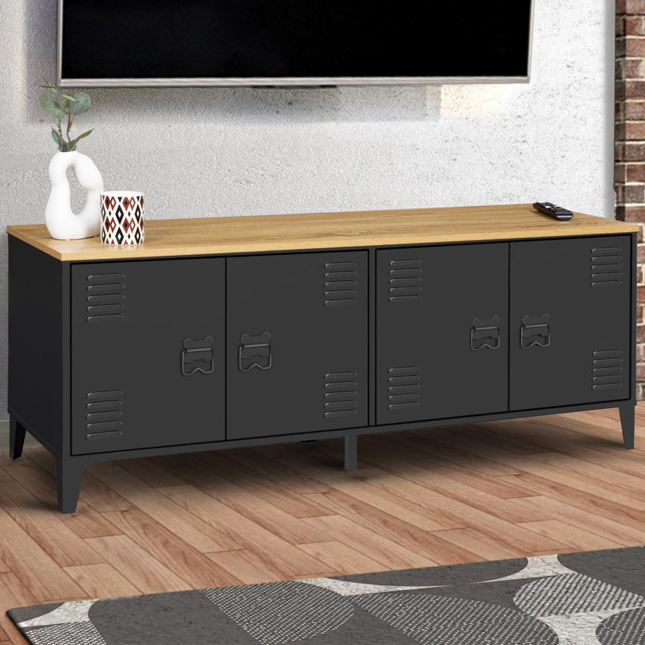 Voir la diapositive 2 : ID MARKET Buffet bas 140 cm ester 4 portes métal noir et plateau bois design industriel