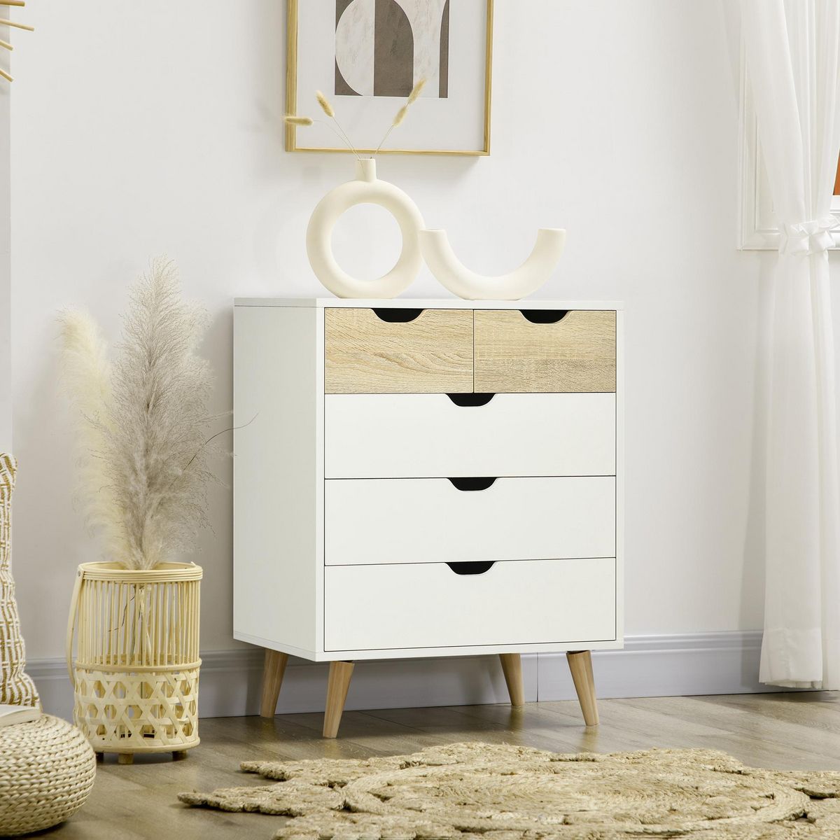 HOMCOM Commode design scandinave 5 tiroirs coulissants piètement bois effilé incliné panneaux blanc aspect bois clair