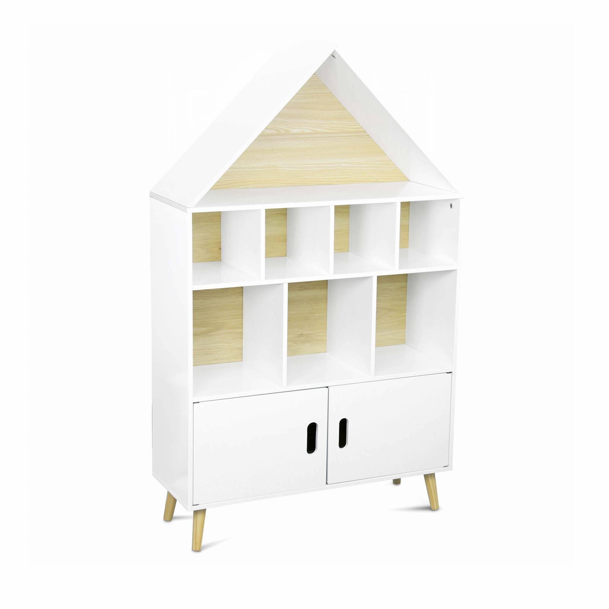 Voir la diapositive 1 : SWEEEK Etagère bibliothèque maison pour enfant - Tobias- Bois massif en pin naturel blanc - 3 niveaux. 8 compartiments. 2 portes