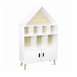 SWEEEK Etagère bibliothèque maison pour enfant - Tobias- Bois massif en pin naturel blanc - 3 niveaux. 8 compartiments. 2 portes