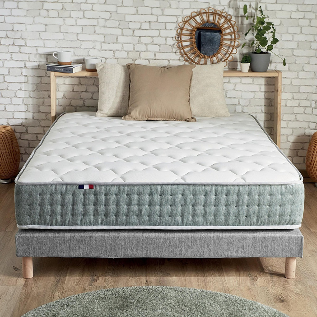 IDLITERIE Ensemble matelas Ressort 7 zones HYGGE + Sommier + couette + oreillers Fabriqué en France