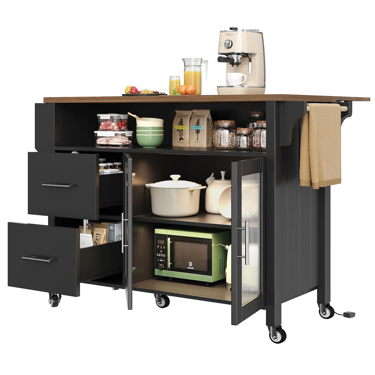 MERAX Desserte 2 portes 2 tiroirs coloris noir mdf